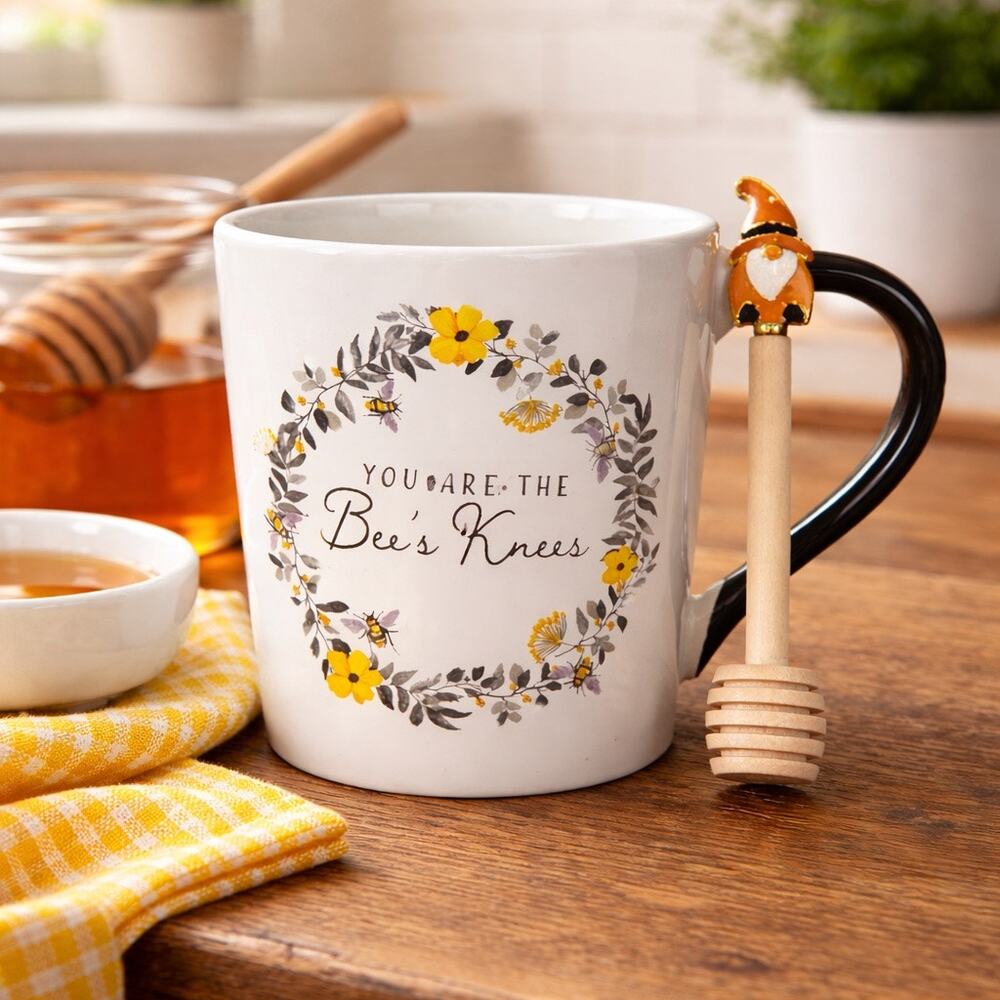 Royal Norfolk Bee’s Knees Mug w Honey Dipper Bee Floral 4.5” EUC Gift